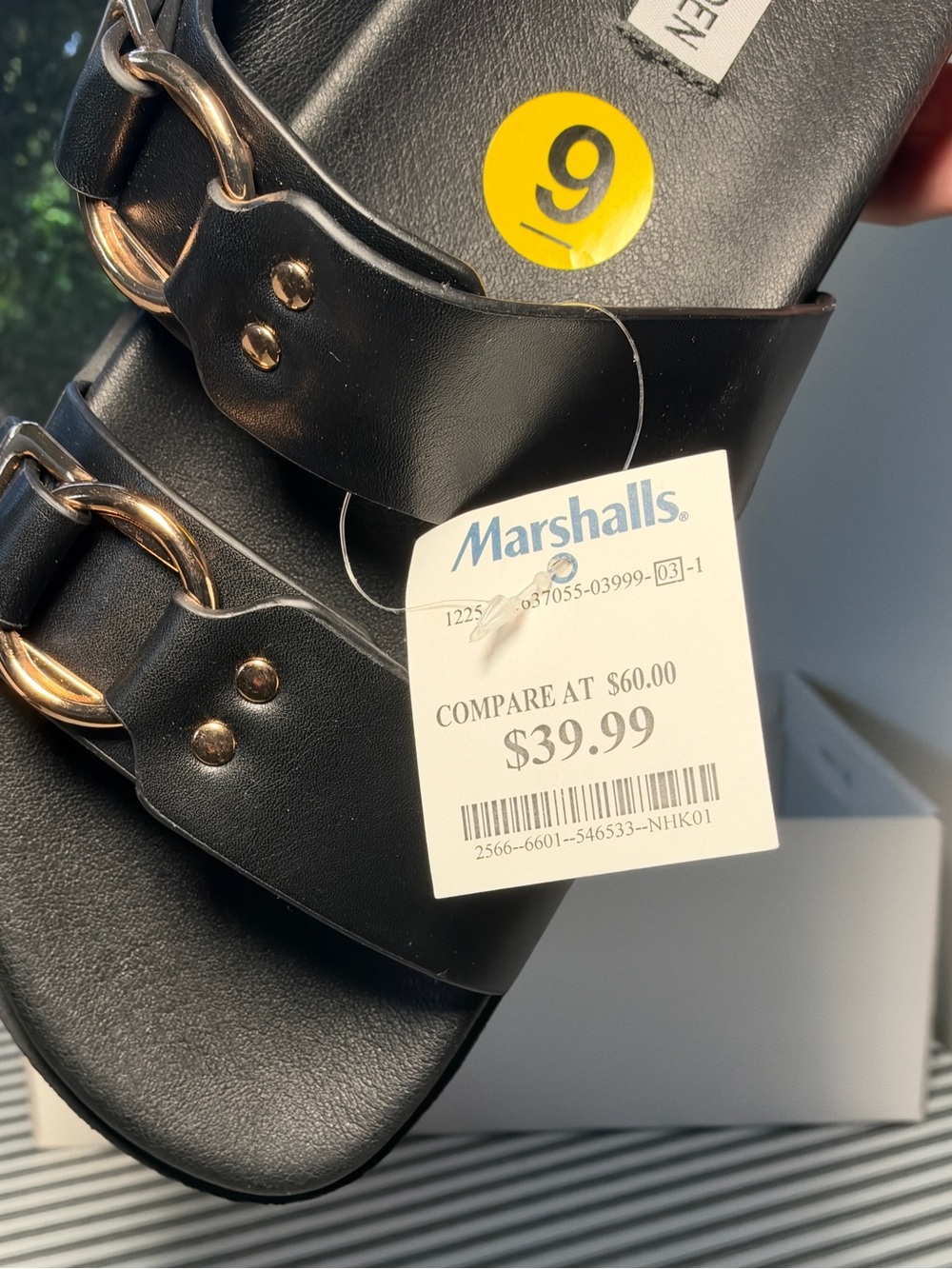 Marshalls Black Double-Band Slide Sandals with Gold Buckles - Picture 4 of 4